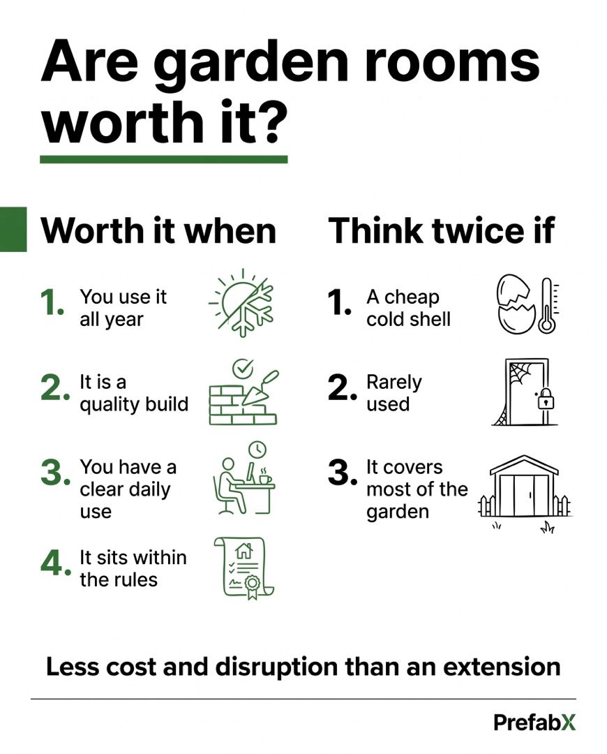 Infographic summarising the key facts: Are garden rooms worth it?