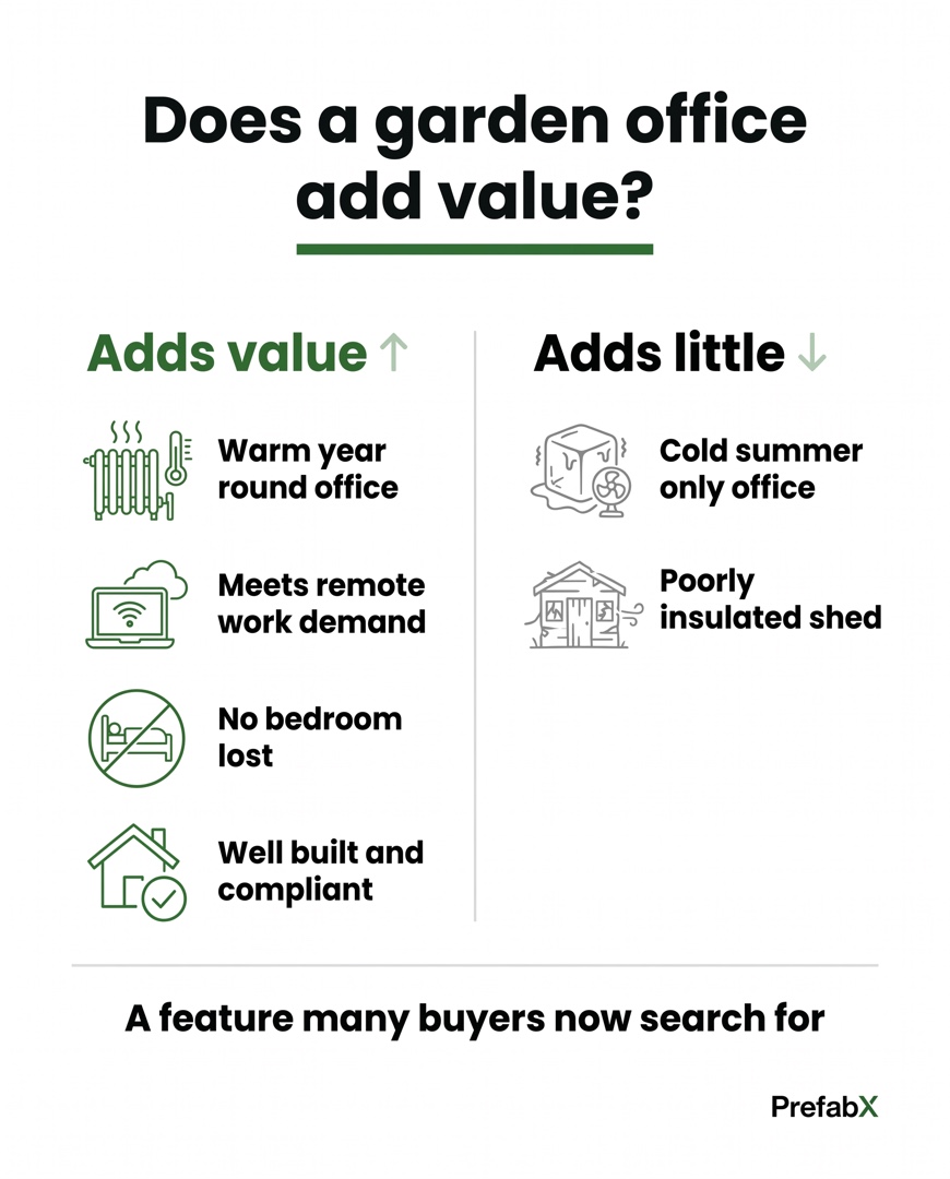 Infographic summarising the key facts: Does a garden office add value to your home?