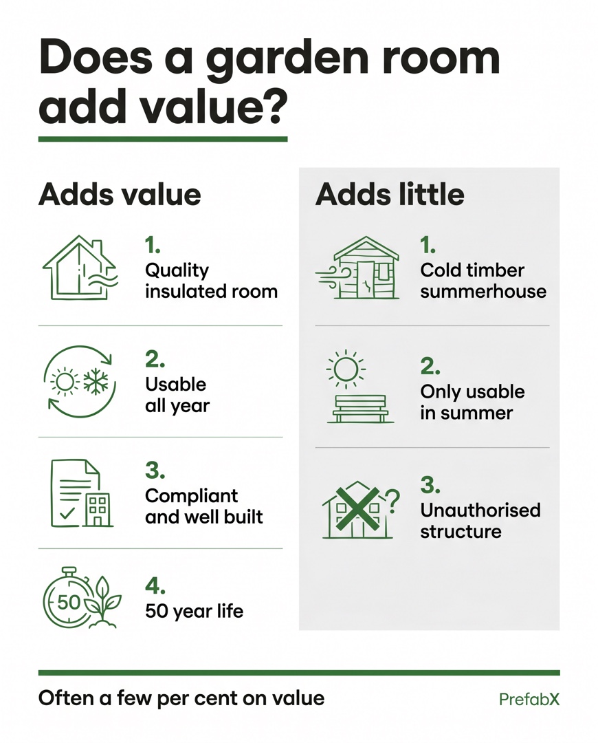 Infographic summarising the key facts: Does a garden room add value to your house?