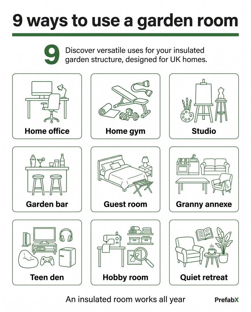 Infographic summarising the key facts: Garden room ideas: nine ways to use the space