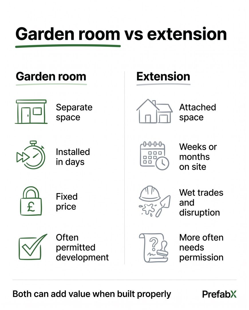 Infographic summarising the key facts: Garden room vs extension: which is right for you?