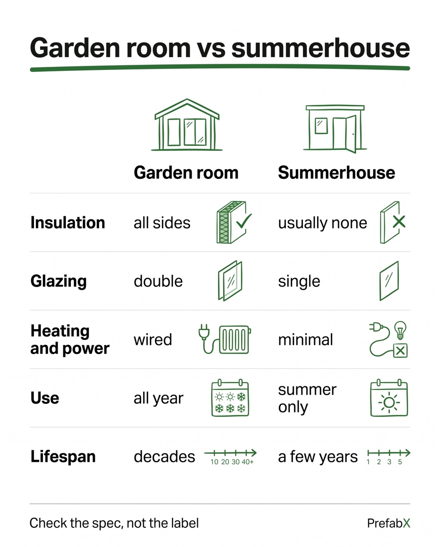 Infographic summarising the key facts: Garden room vs summerhouse: what is the real difference?