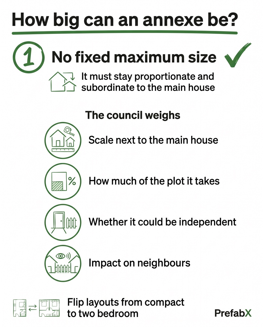 Infographic summarising the key facts: How big can a granny annexe be?