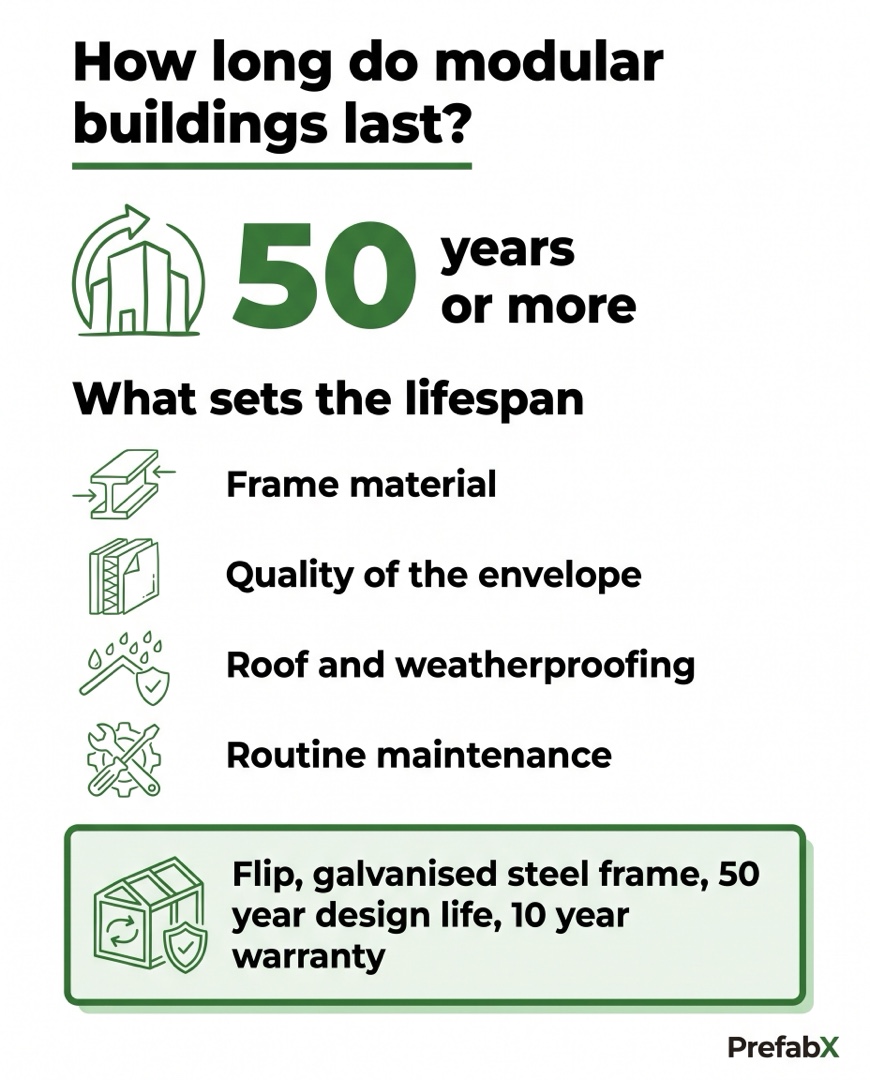 Infographic summarising the key facts: How long do modular buildings last?