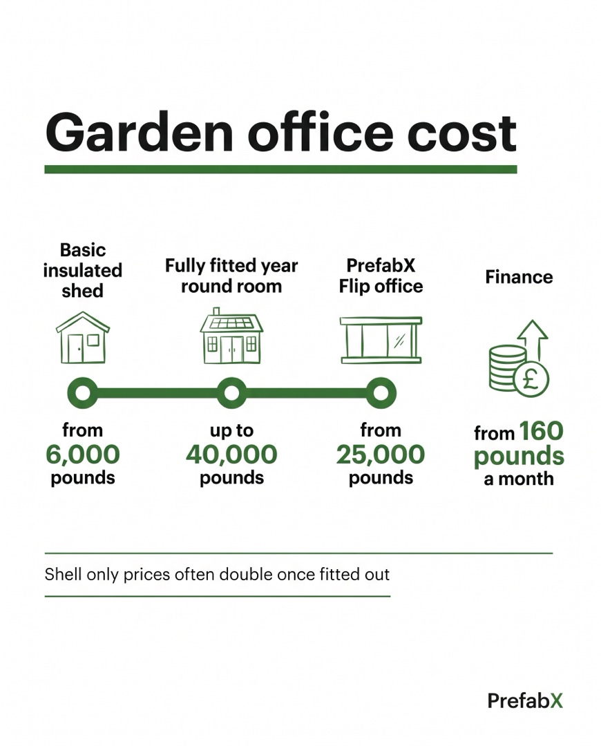 Infographic summarising the key facts: How much does a garden office cost in the UK?