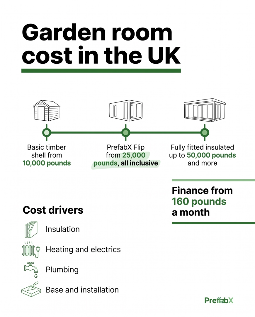 Infographic summarising the key facts: How much does a garden room cost in the UK?