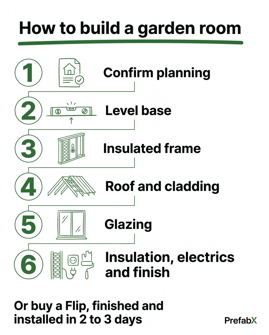 Infographic summarising the key facts: How to build a garden room: should you build it or buy it?