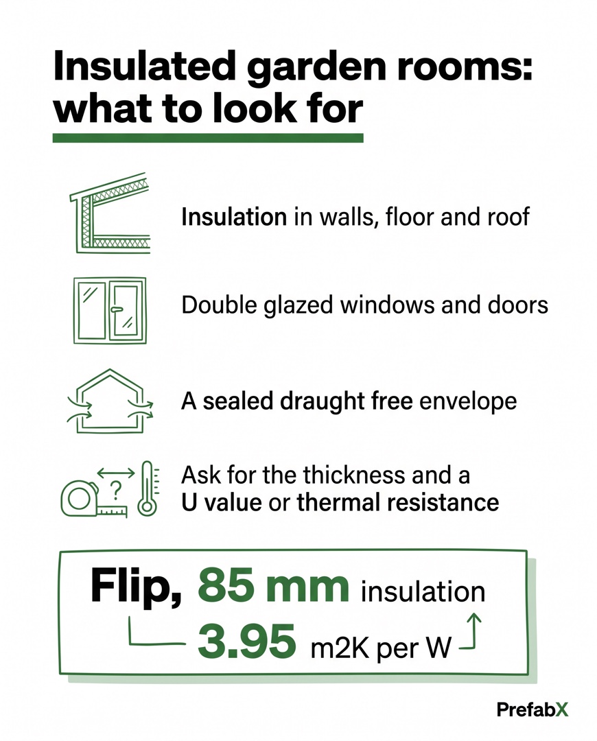 Infographic summarising the key facts: Insulated garden rooms: what proper insulation actually means