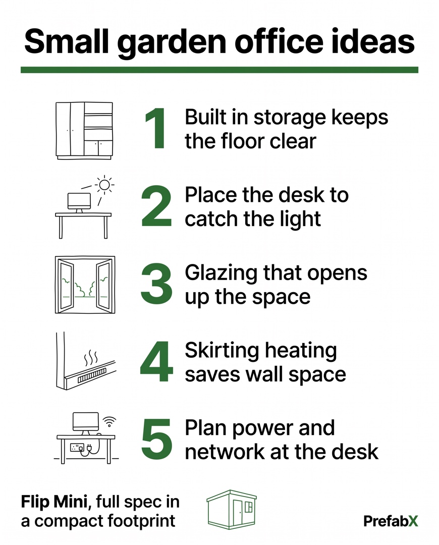 Infographic summarising the key facts: Small garden office ideas for compact gardens