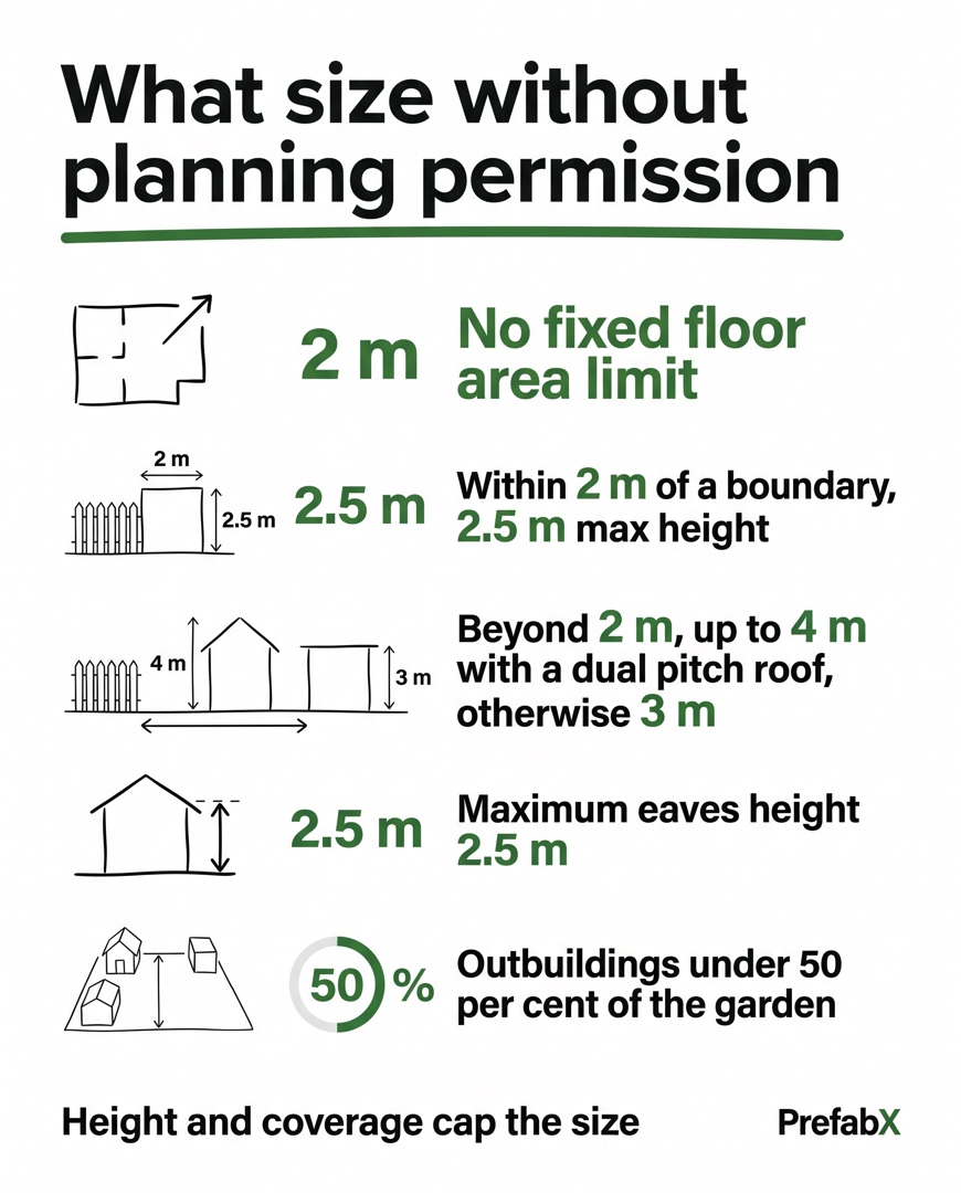 Infographic summarising the key facts: What size garden room can you build without planning permission?