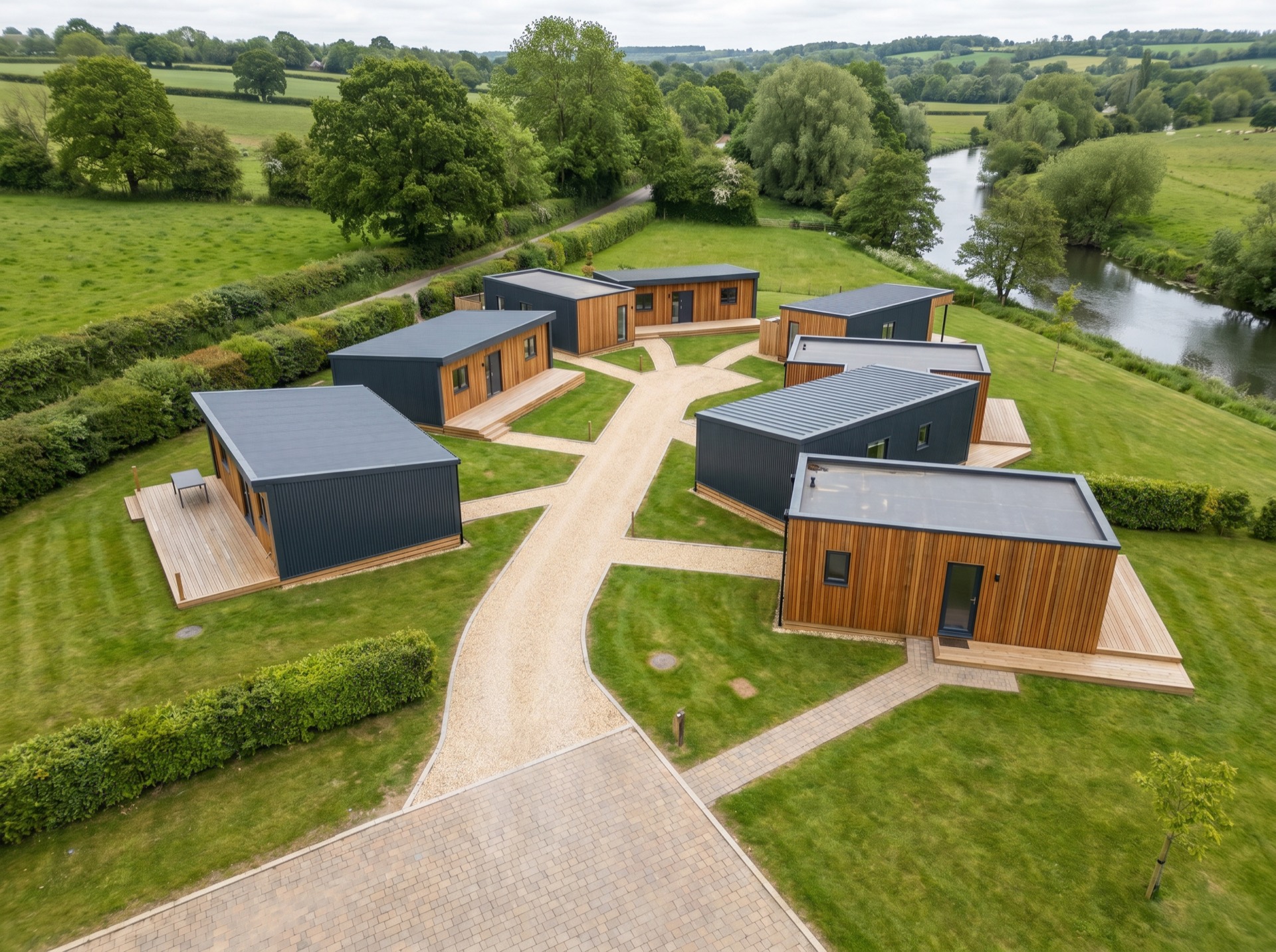 Aerial view of several PrefabX Flip homes arranged in a landscaped development