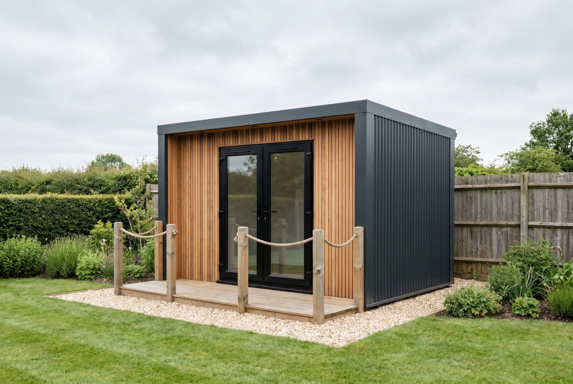 PrefabX Flip installed in a British back garden, showing the timber deck and rope-and-post railing