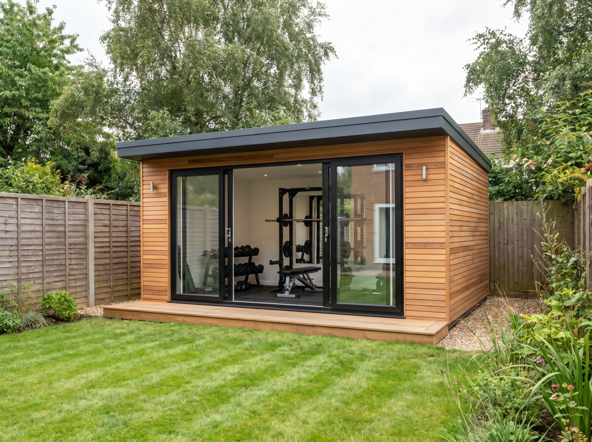 PrefabX Flip set up as a garden gym in a British back garden
