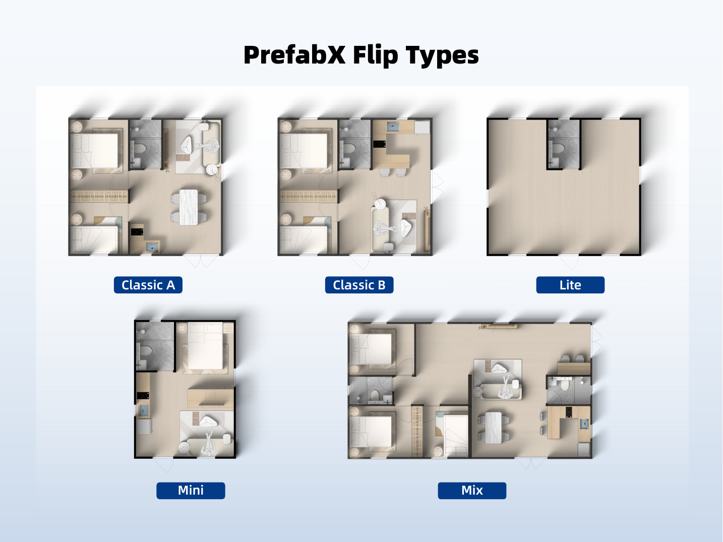Floor plans for the five PrefabX Flip layouts: Classic A, Classic B, Lite, Mini and Mix