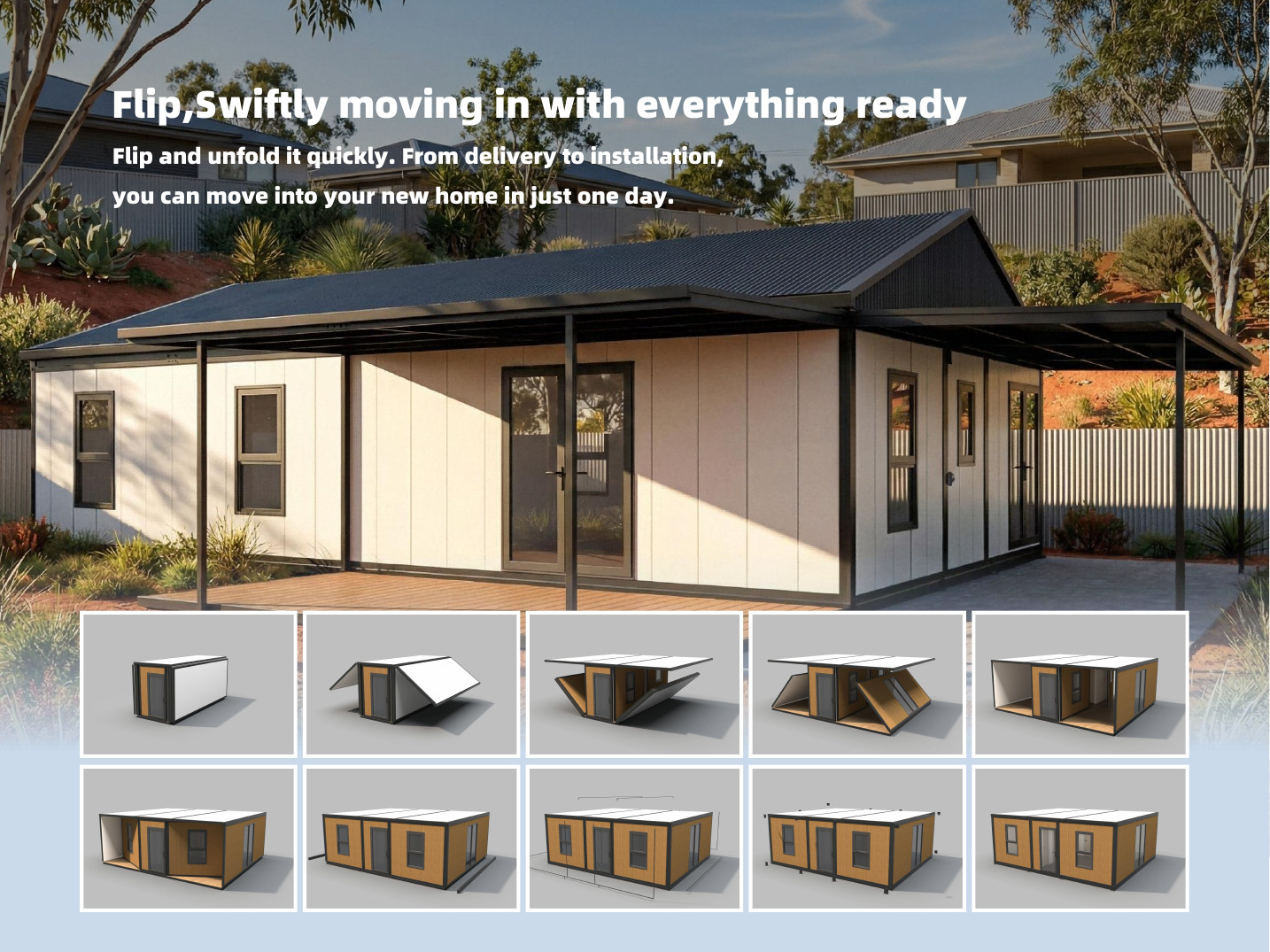 Ten stage sequence showing a PrefabX Flip unit unfolding from a packed container into a finished home